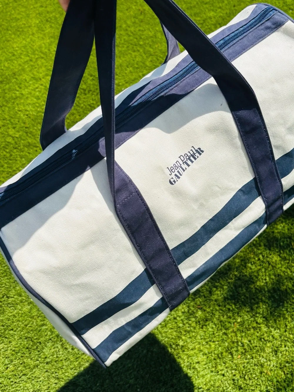 Jean Paul Gaultier White and Navy Striped Canvas Duffel